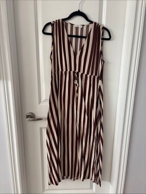 Mango Burgundy and Cream Striped V-Neck Maxi Dress